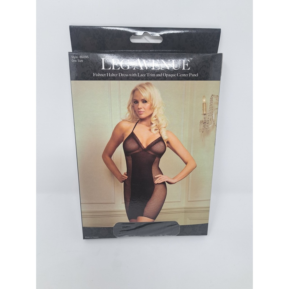 Leg Avenue 86095 Fishnet Halter Dress Lace Trim Opaque Center Panel Black OS